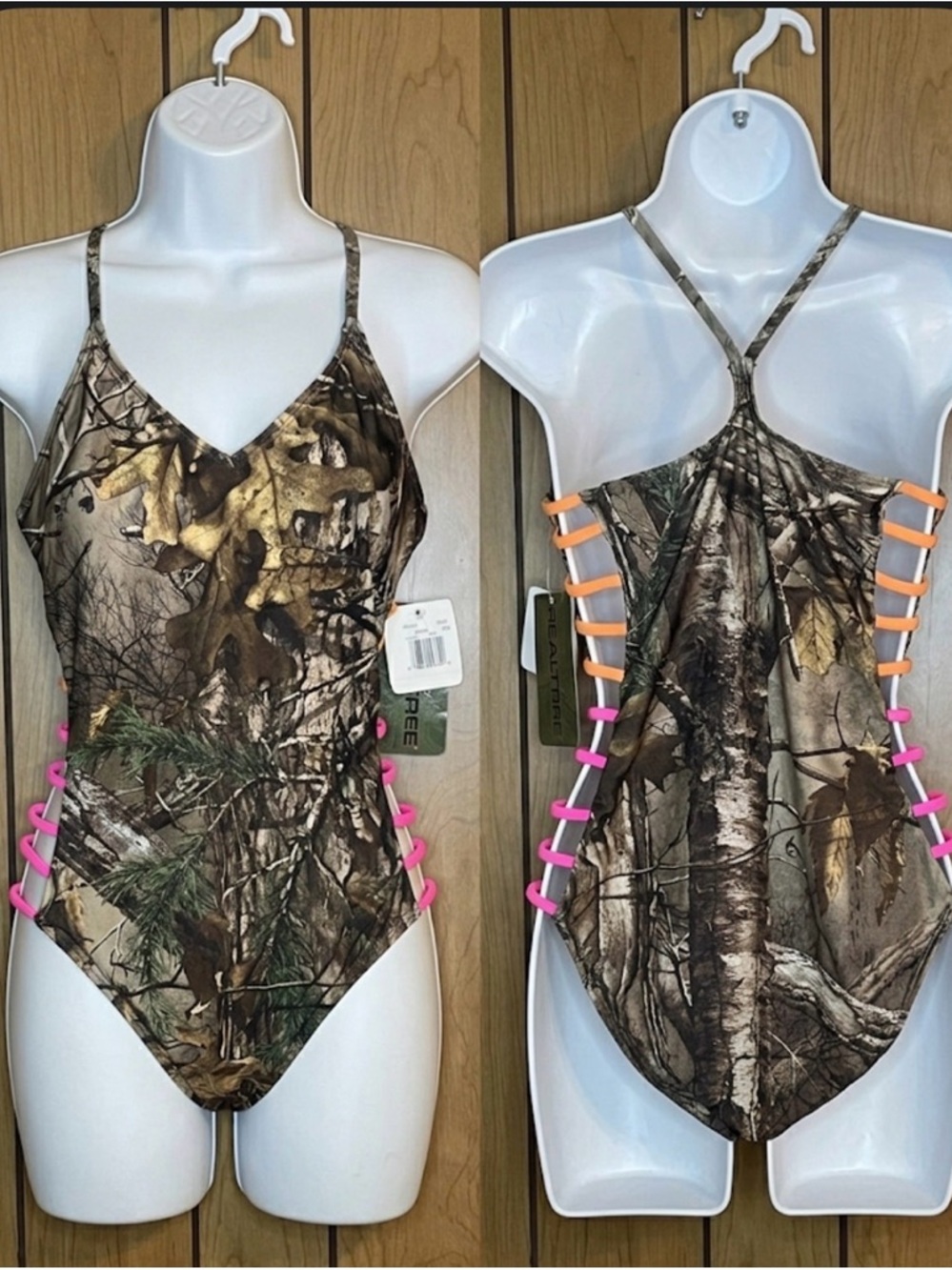 Realtree Camo One-Piece Swimsuit with Orange Lining & Pink Strap Accents